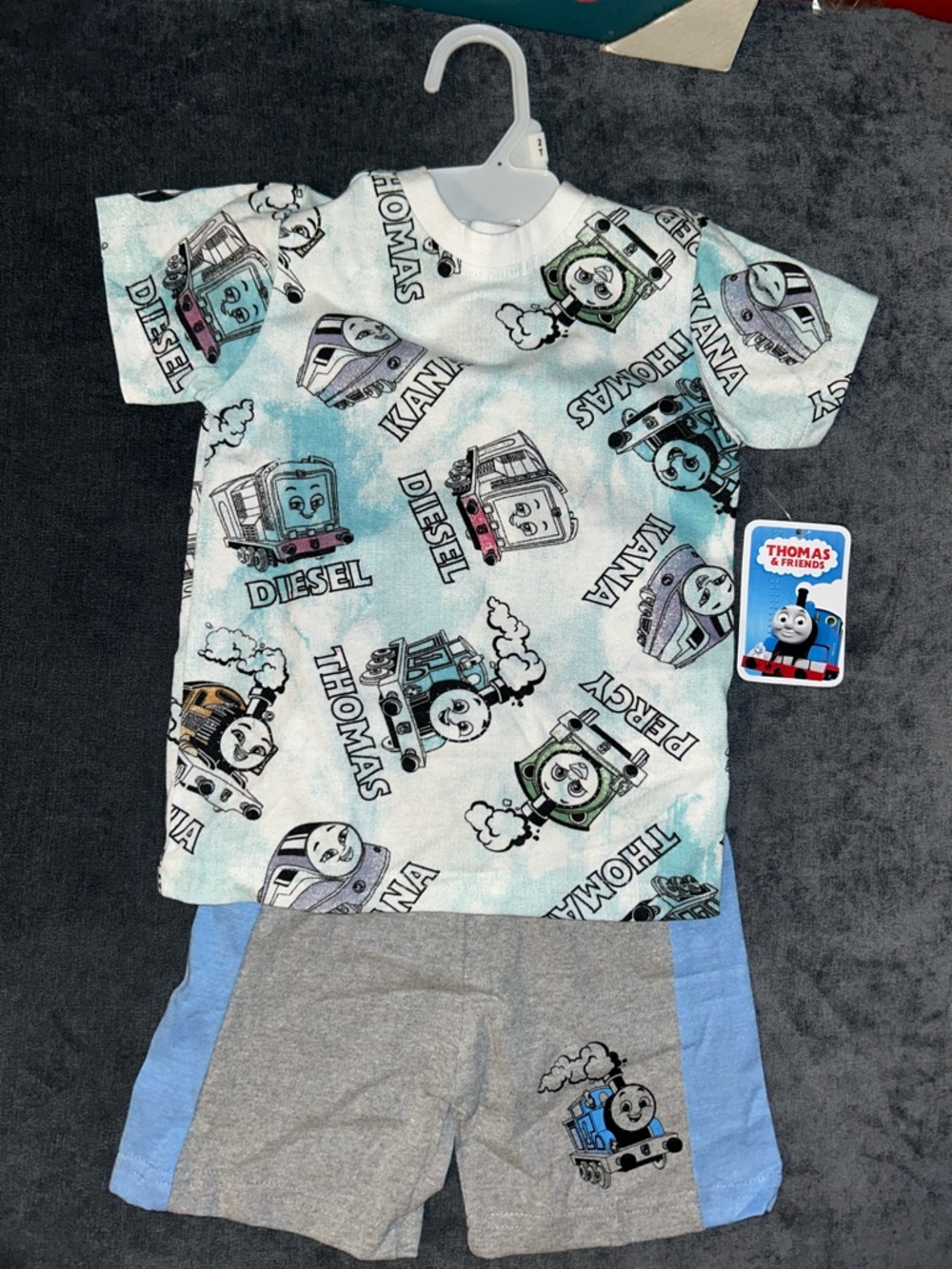 Thomas & Friends Multi-Color Engine Print Tee and Gray/Blue Shorts Set